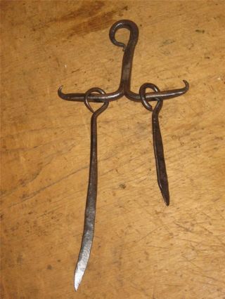 Rare 18th C Pa Polished Wrought Iron Skewer Holder W/ 2 Flat Skewers photo