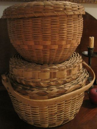 Antique 1800s Two Lrg Woodlands Native American Indian Covered Storage Baskets photo