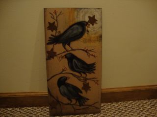 Sale /primitive Painted Wood Crow Wall Painting W/tin Stars /nice photo