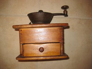 Antique Wooden And Cast Iron Dove Tailed Coffee Grinder With Wooden Drawer photo