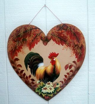 Tin Hp Rooster Sign Autumn Leaves Acorns Handpainted Metal Farm Country Chicken photo