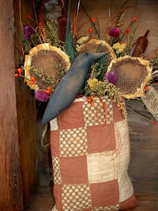 Prim Vintage Quilt Bag~sunflowers~cattails~crow photo