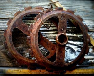 2 Antique Industrial Cast Iron Gears,  Old Vtg Factory/farm Metal Wheels Sprocket photo
