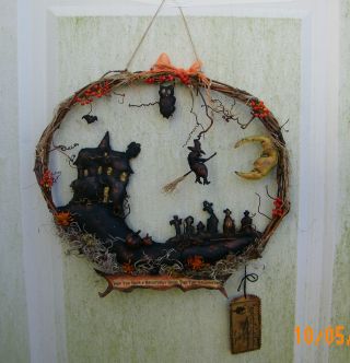 Primitive Silhouette Haunted House Witch Ghost Halloween Fall Door Greeter photo