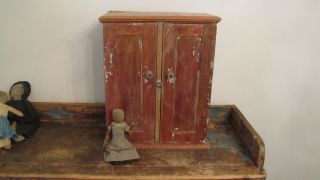 Wonderful Early Old Primitive Wooden Wood Wall Table Cabinet Cupboard Paint photo
