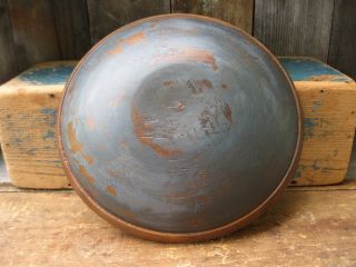 Early Antique Dough Bowl W Rim Worn Soldier Blue Milk Paint photo