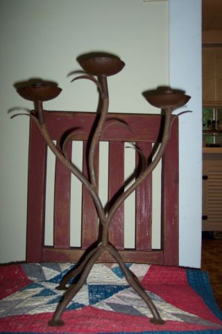 Early Rare 19th C Wrought Iron Folk Art Candle Holder Twig And Leaves photo