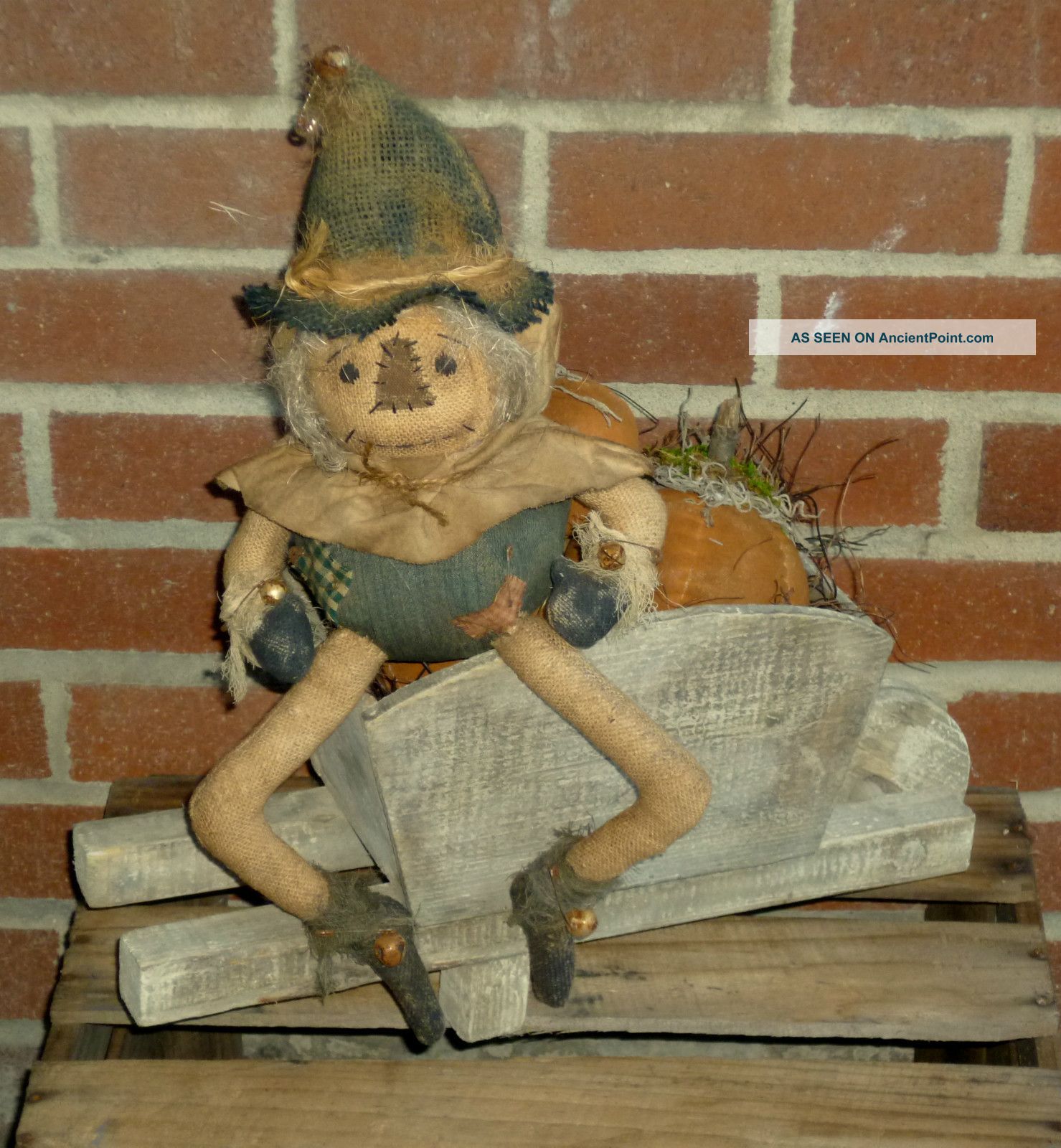 Primitive Scarecrow Doll W/ Wood Wagon & Pumpkin Harvest ~ Prim Gathering Lot Primitives photo