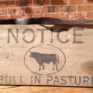 ~primitive Barn Wood Sign~notice Bull In Pasture W Leather Hanger~ photo