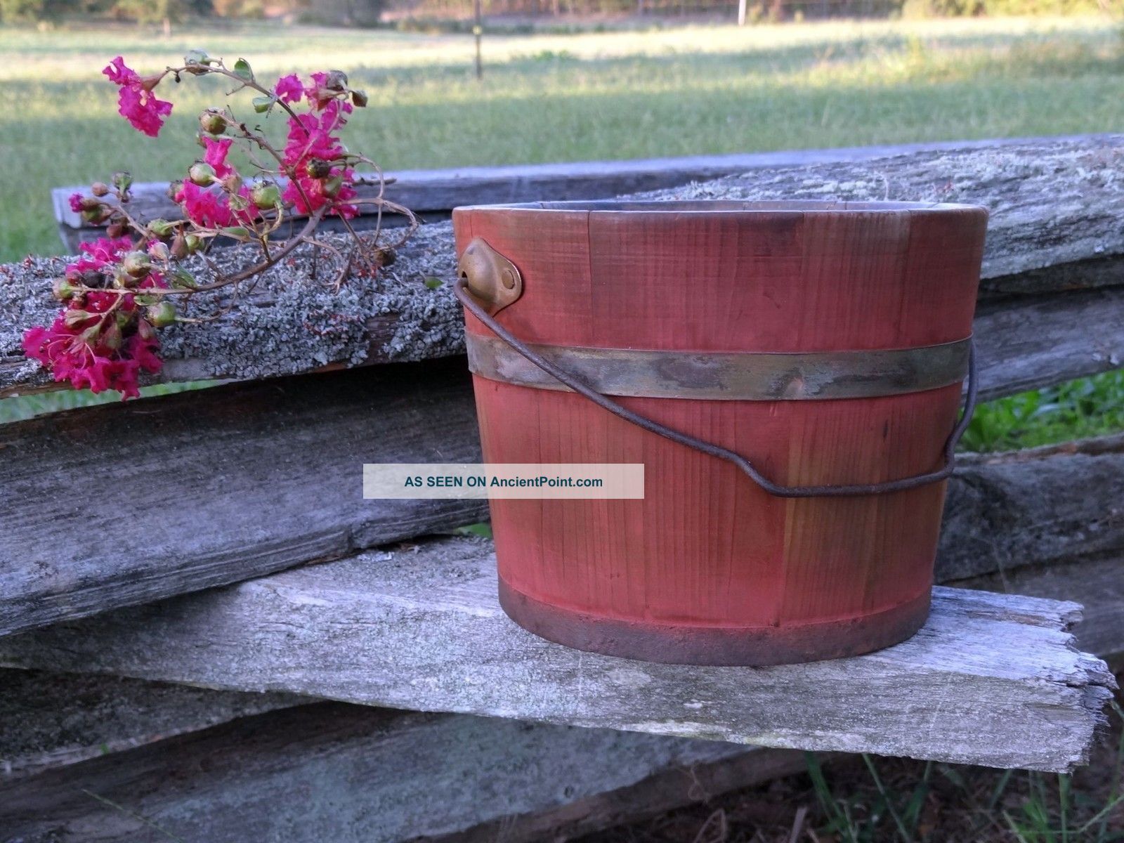 1800s Primitive Wooden Bucket Bail Handle Staved Old Style Bittersweet Paint Nr Primitives photo