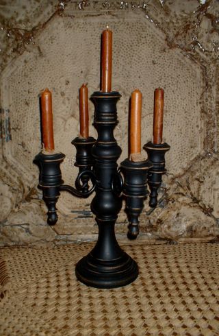 Primitive Vintage Wood&iron~5 Arm Candelabra/candle Holder~w/5 Primitive Candles photo