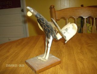 Vintage Antique Rare Bird Figurine Made From Horn - Bird On Wooden Plaque - Unusual photo