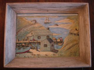 Primitive Hand Chiseled Painted Folk Art Harbor Seaside Maritime Scene Painting photo