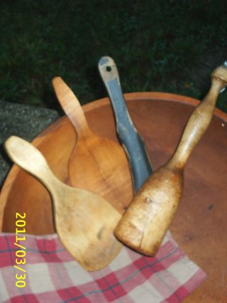Vintage Primitive Lot/4 Wooden Butter Paddles~masher~unique Spatula~farm Kitchen photo