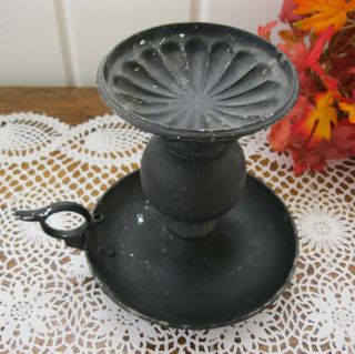 Antique Chamber Candle Holder Black Painted Metal & Wood photo