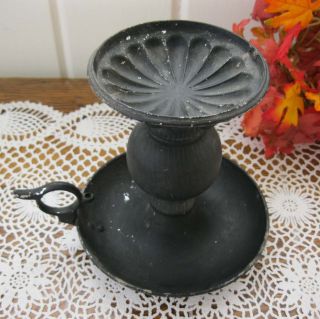 Antique Chamber Candle Holder Black Painted Metal & Wood photo