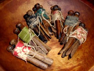 Antique Vintage Primitive Stained Fabric Wrapped Wooden Clothes Pin Bowl Fillers photo