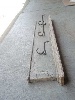 Old Wood Shelf With Metal Hooks Primitive Weathered 34 