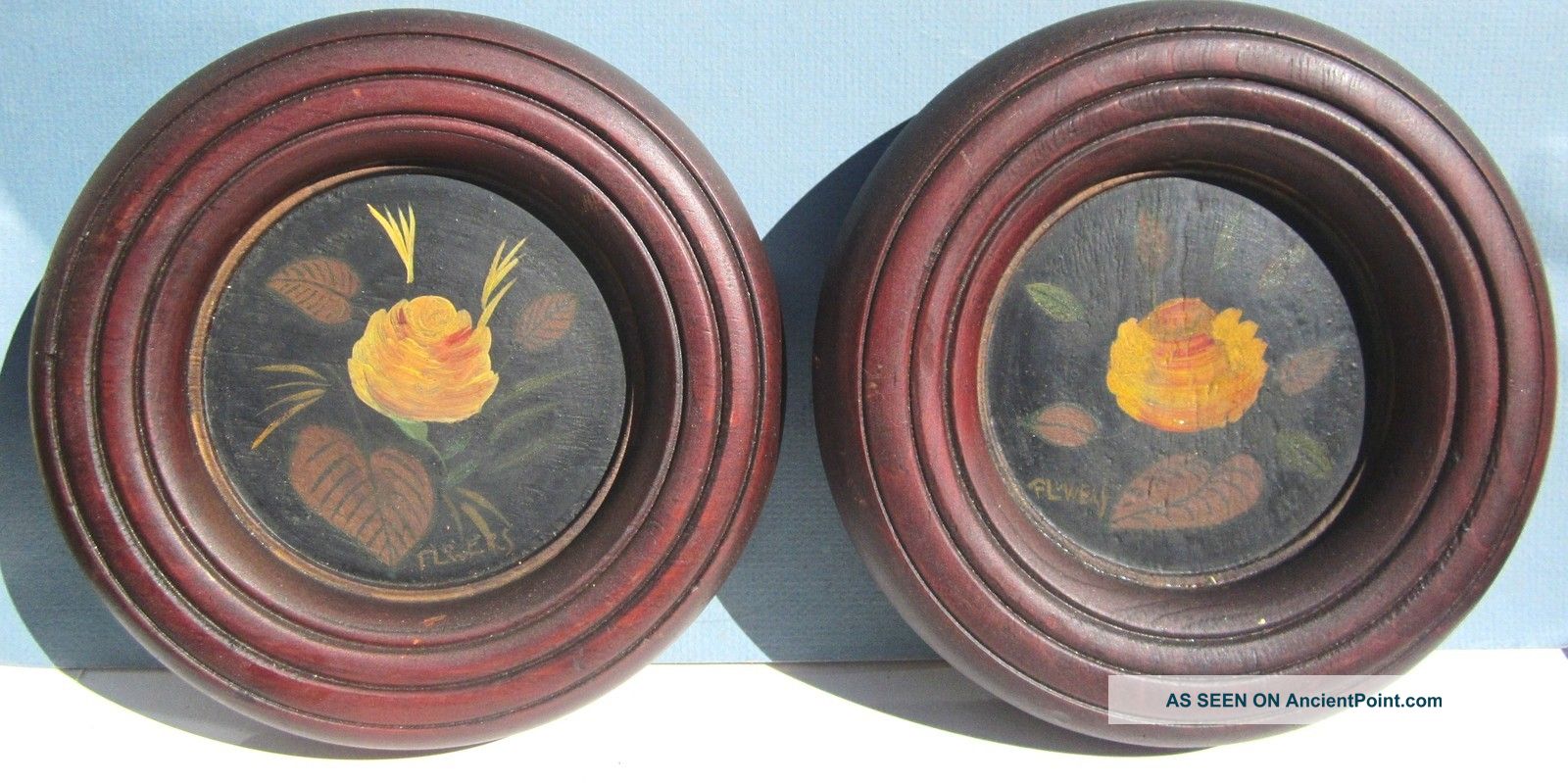 Fraktur Pa German Hand Painted Flowers In Home Made Bowl Frames Unique Primitives photo