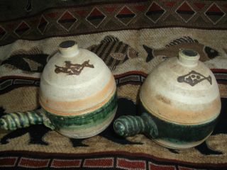 2 Primitive Stoneware Clay Pottery Childs Cup Or Bowl With Lids photo