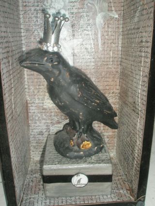 Vintage Antique Wood Box Primitive Folk Art Black Bird Crow Rhinestone Crown photo