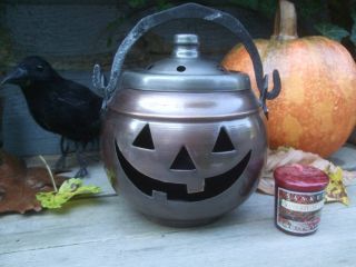 Antiqued Halloween Jack - O - Lantern Cauldron Candle Holder+yankee Candle photo