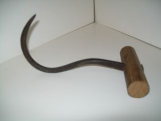 Antique Hook For Meat Or Hay,  Hang Forged,  Wood Handle photo