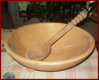 Old Wood Footed Pantry Bowl Antique & Thick Chunky Wood Spoon Primitive Country photo