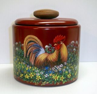 Vtg Red Aluminum Canister Container Hp Rooster Handpainted Wildflowers photo