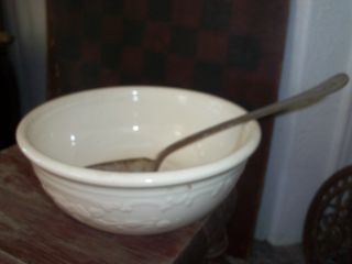 Vintage Pottery Old Rimmed Mixing Bowl W/ Old Metal Spoon photo