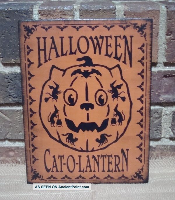 Primitive Style Halloween Wood Sign Halloween Cat~o~lantern Hp Orange Primitives photo