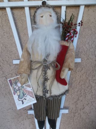 Primitive Handmade Olde St.  Nick With Wool Stocking - Winter/holiday Decoration photo