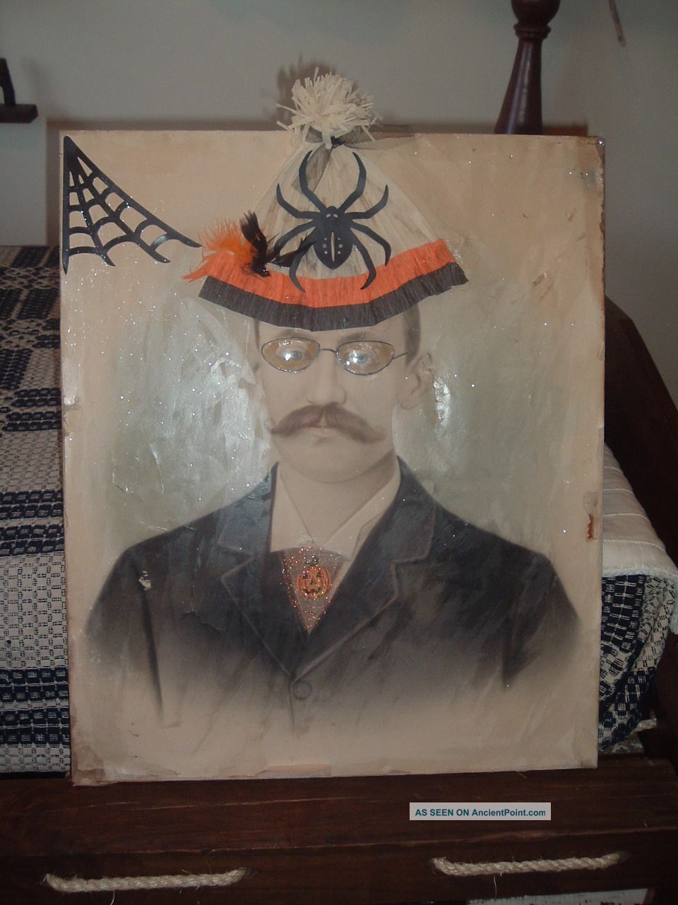 Wonderful Folkart Halloween Picture Old Picture On Wooden Frame ~ Primitives photo