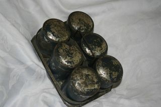 Early Set Of Six Old Blue Paint Primitive Spice Tins - Handled Metal Holder photo