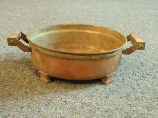 Antique,  Footed Copper Pan With Wood & Brass Handles, photo