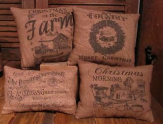 Set Of 4 Christmas Theme Primitive Country Pillow Tucks Bowl Fillers photo