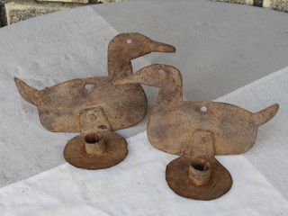 2 Primitive Aafa Blacksmith Art Metal Duck Candle Holder Hand Forged Antique photo
