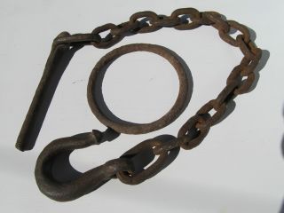 Antique Hand Wrought Iron Hook,  Ring,  And Chain photo