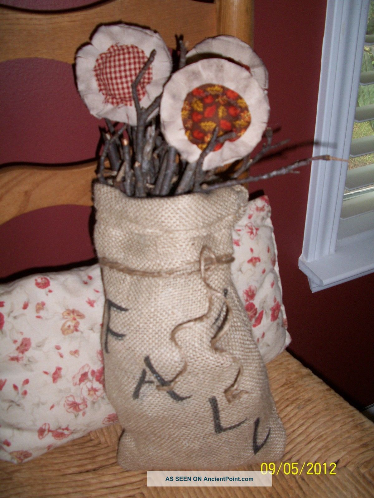 Primitive Handmade Grungy Fall Burlap Sack W/ Sunflowers Primitives photo