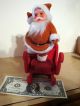 Vintage Red Flocked Santa Claus Dancing On One Foot In Sleigh 1950s Or 60s Primitives photo 2