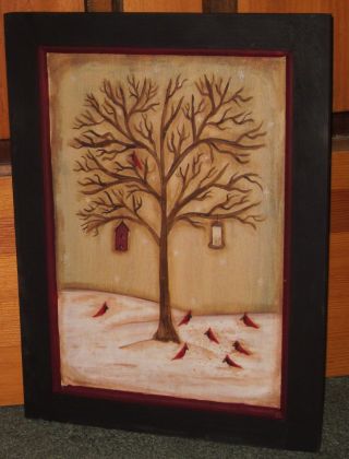 ~ Primitive ~ Hp Folk Art Winter Scene ~ Cardinals ~ Tree ~ Door Panel photo