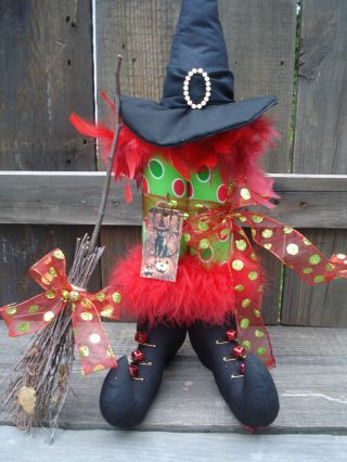 ~primitive~ Halloween Witch Boots With Stockings Hat And Broom~ photo