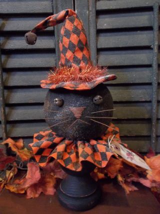 Primitive Handmade Halloween Black Cat Make - Do/painted Wood Fence Finial photo