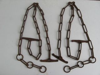 2 Antique Cow Milking Stanchion Stall Tie - Neck Chains Farm Barn Primitive Tool photo