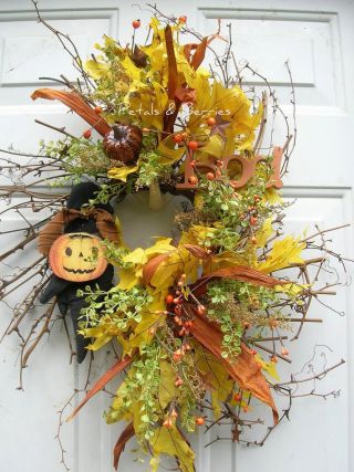 Rustic Halloween,  Crow,  Vintage Jack O Lantern,  Boo Sign Door Wreath photo