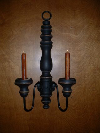 Primitive Colonial Iron&wood~double Armed Candle Sconces~2 Primitive Candles~vtg photo