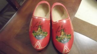 This Is A Darling Pair Of Vintage Wooden Shoes From Holland,  Red Paint photo