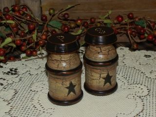 Primitive Wood Salt & Pepper Shakers Tan Crackle Black Stars Farmhouse Decor photo