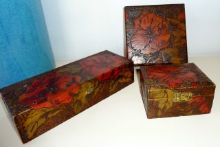 3 Antique Red Poppy Flemish Art Pyrography Carved Boxes 1909 photo