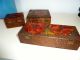 3 Antique Red Poppy Flemish Art Pyrography Carved Boxes 1909 Primitives photo 4